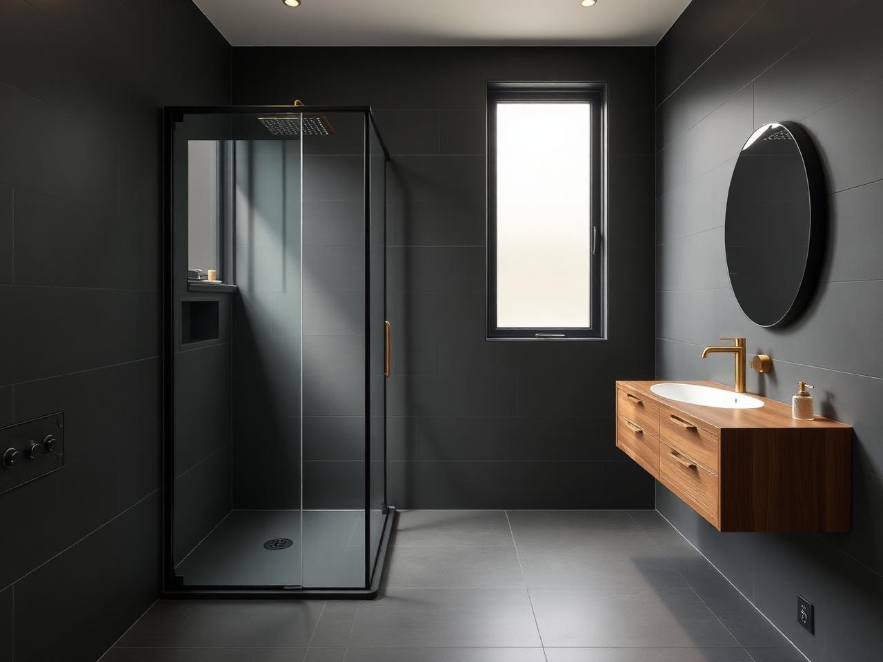 Moderne badkamer met inloopdouche en houten meubel — renovatie in Oss